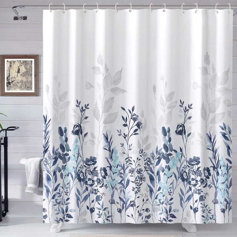 Neasow Blue and Grey Shower Curtain, Watercolor Floral Bathroom Curtain Teal and White 72Ã—72 inches - Image 1